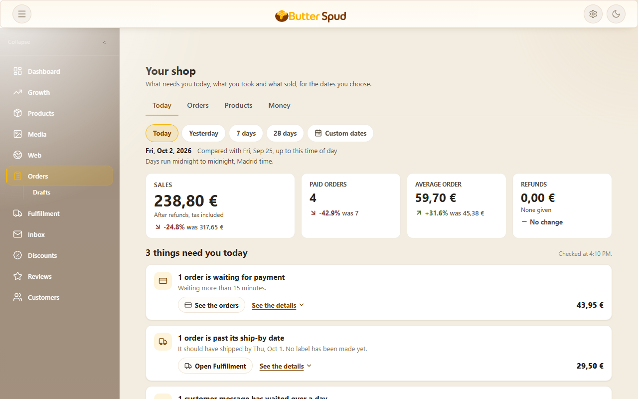 Actual Butterspud shop operations workspace with sample sales and order tasks.