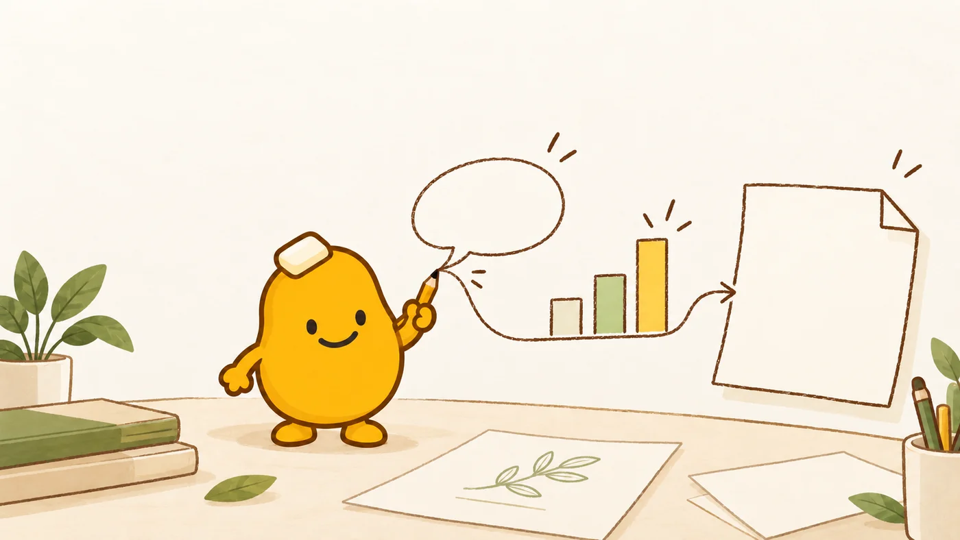 Spud stands beside a sketched conversation, sample chart and draft.