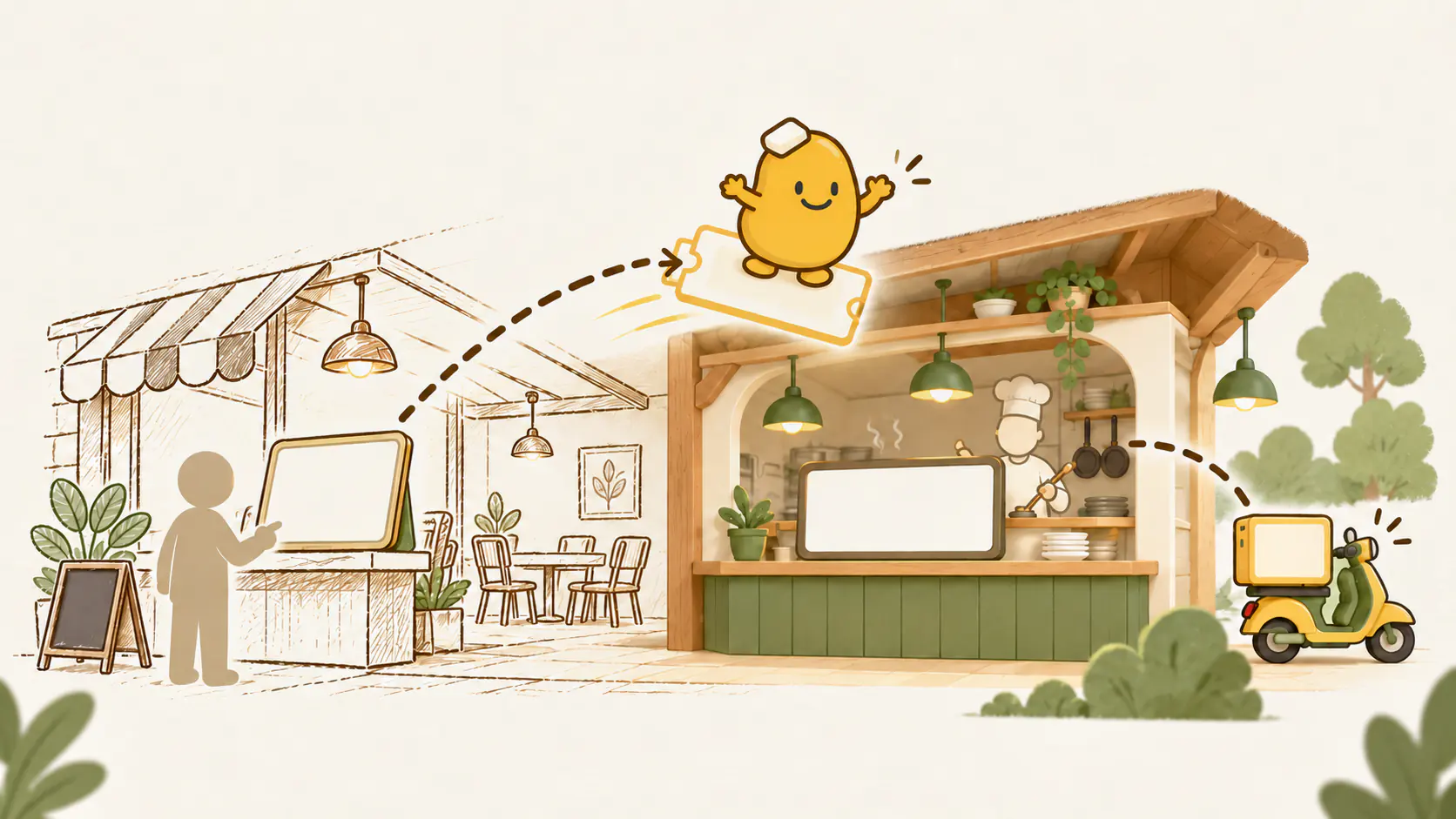 A restaurant sketch becomes a kiosk, kitchen pass, and sample order journey.