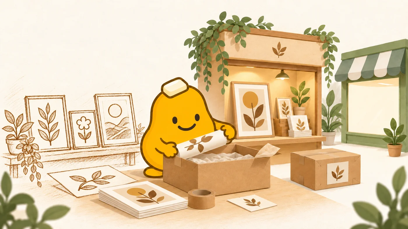Art prints turn from sketches into shelf displays and a sample packed parcel.