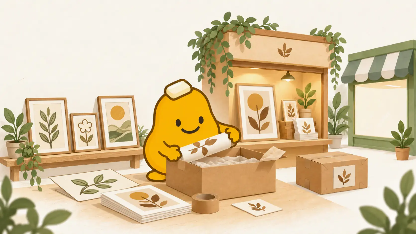 Sketched art prints become a shop shelf and a packed parcel.