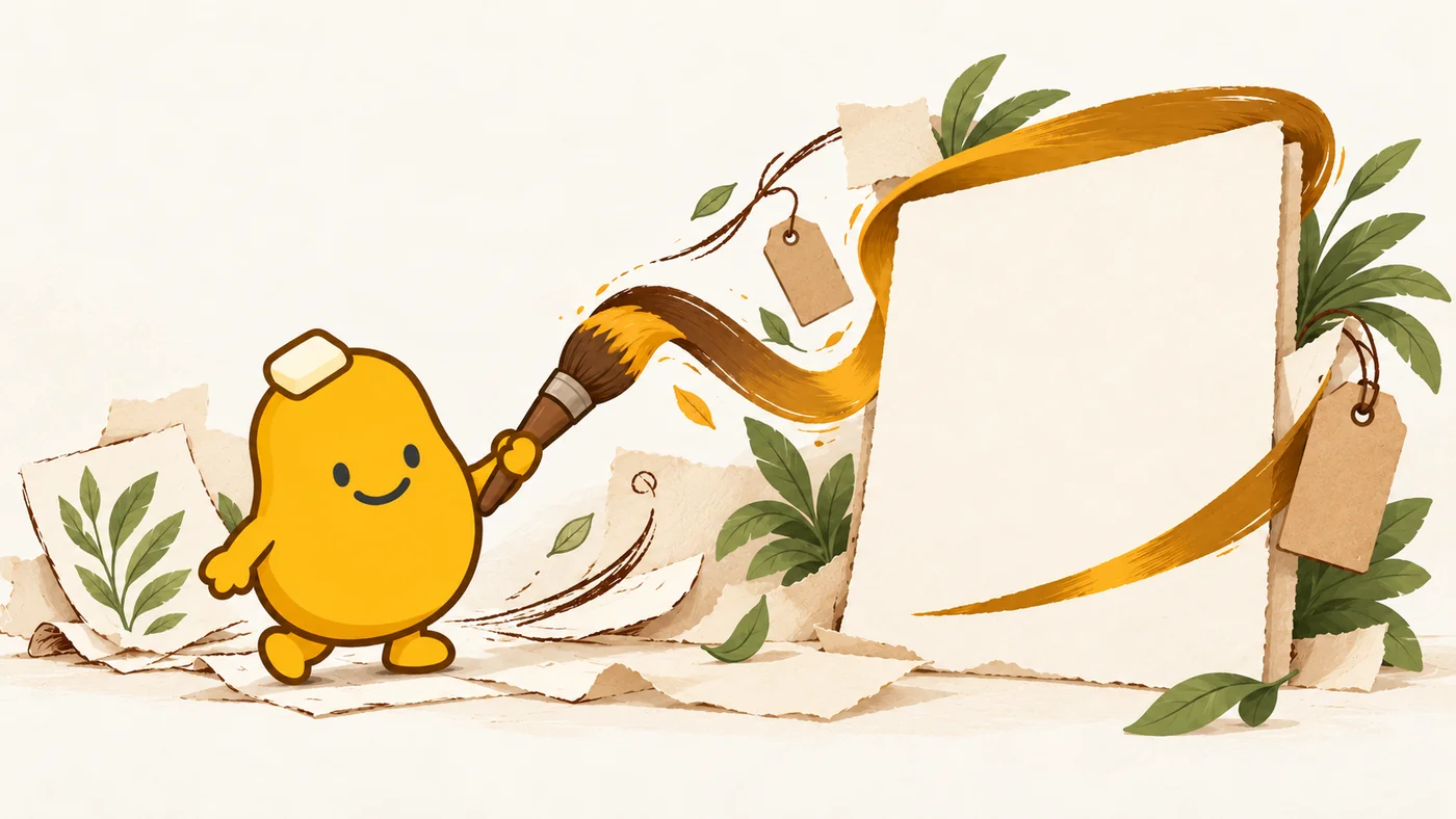 Spud holds a brush beside an illustrated page framed by paper and leaves.