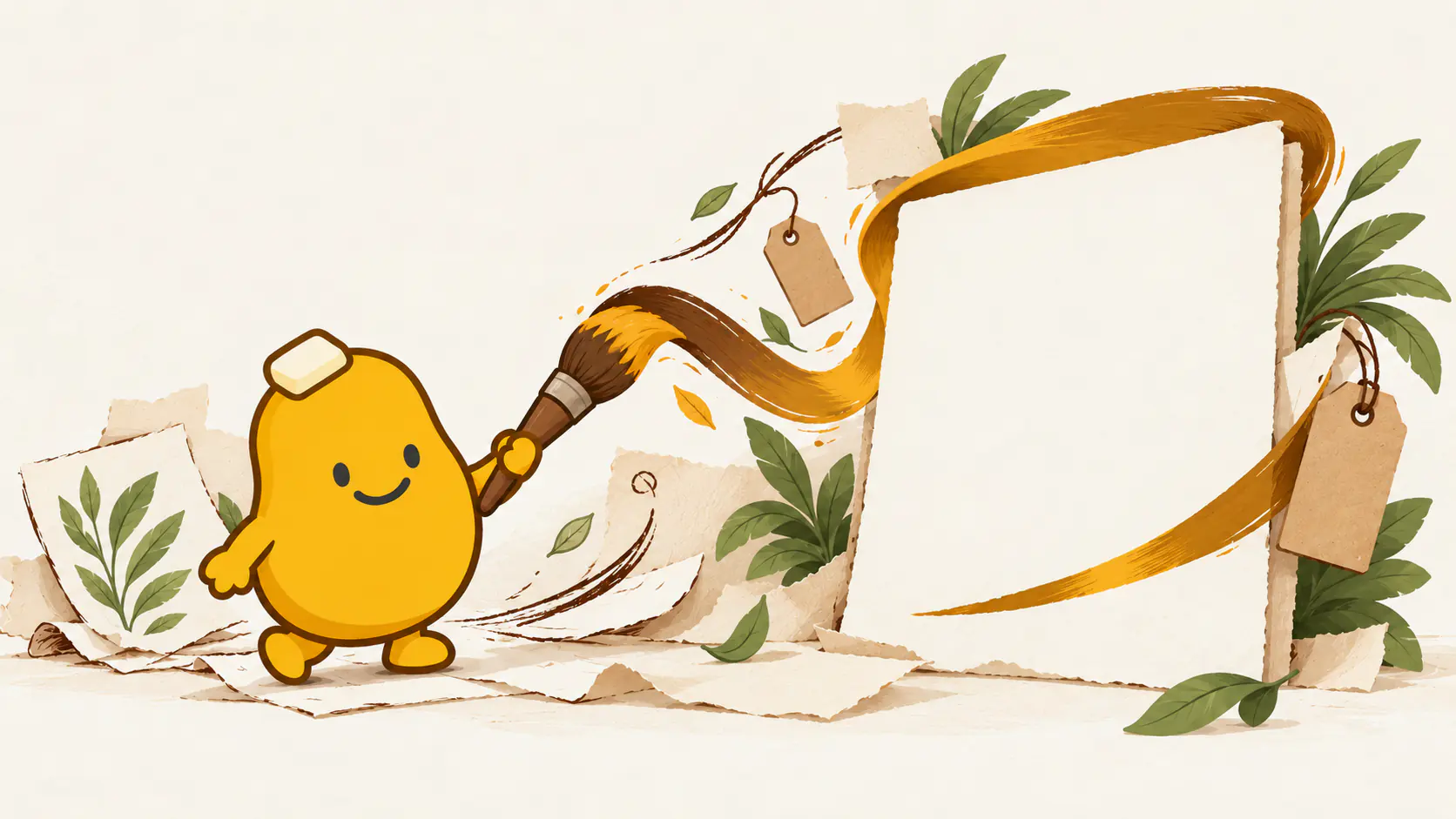 Spud uses a large brush to turn paper, tags, and leaves into a sample page design.