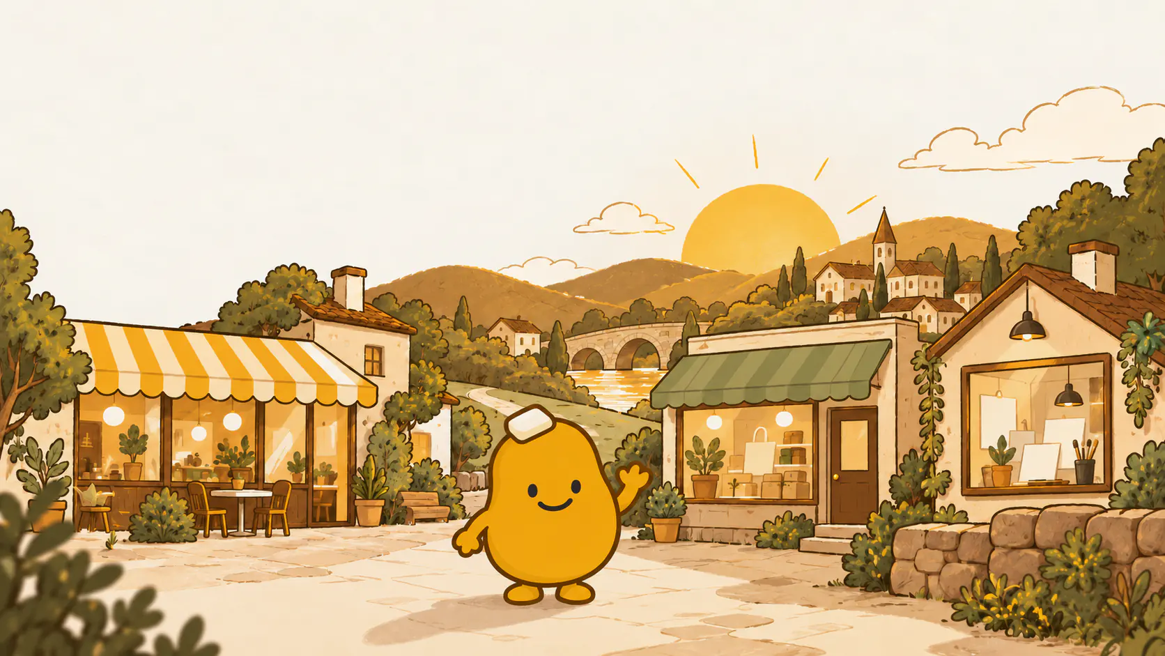 The restaurant, shop, and studio stand together in a small illustrated town at dusk.