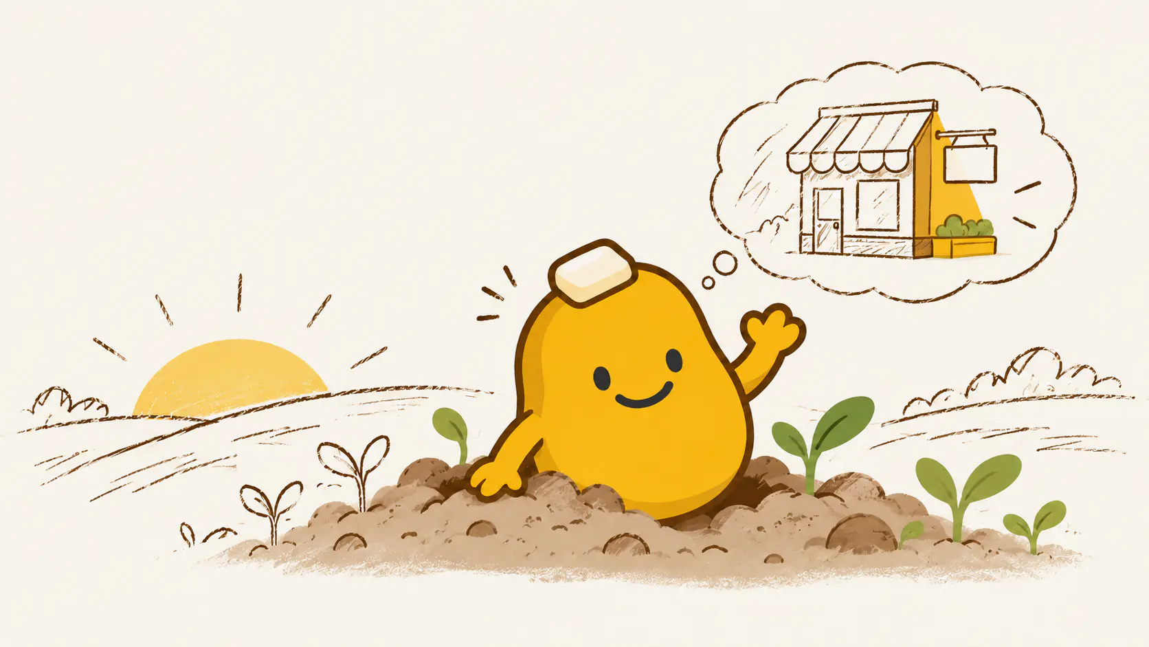 Spud wakes among sketched plants and imagines a little shop sign.